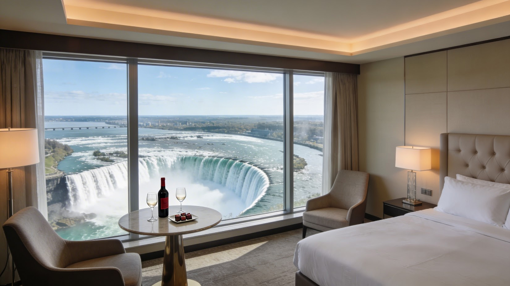 Room service tray with champagne and gourmet food overlooking Niagara Falls.