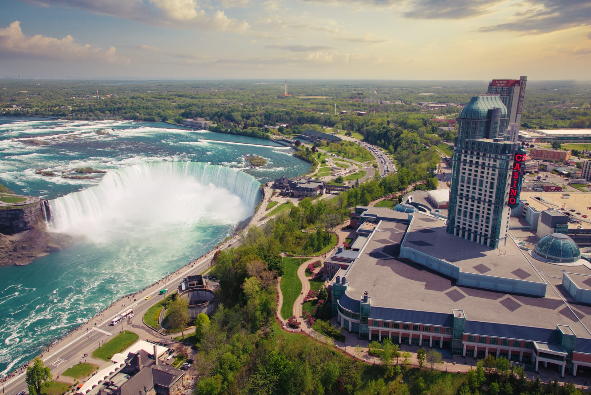 A panarama view of the Fallsview Casino and the Canadian Horseshoe Falls.